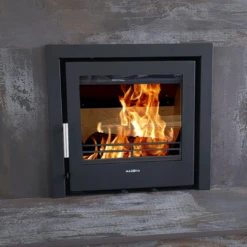 Mazona Clovelly 550 6kW Steel 3 Sided Trim Stove, Multifuel, Woodburning, Cassette, Inset, Eco Design Approved, Defra Approved(Mazona Clovelly 550 5kw Steel 3 Sided Trim Stove Multifuel Woodburning Cassette Inset Eco Design Approved Defra Approved) -Gr8fires closeupsteel550clovelly