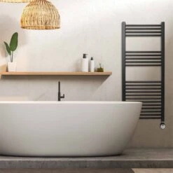 Ecostrad Fina-E Thermostatic Electric Towel Rails - Black -Gr8fires fina e thermostatic 500x1200 lifestyle 1 1
