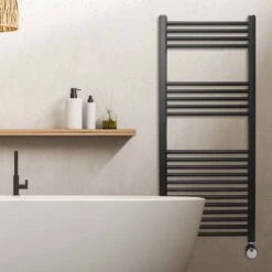 Ecostrad Fina-E Thermostatic Electric Towel Rails - Black -Gr8fires fina e thermostatic 500x1200 lifestyle 2 1