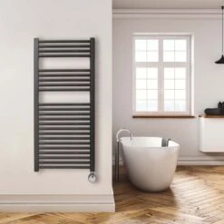 Ecostrad Fina-E Thermostatic Electric Towel Rails - Black -Gr8fires fina e thermostatic 500x1100mm black 300w lifestyle 1 1
