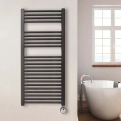 Ecostrad Fina-E Thermostatic Electric Towel Rails - Black -Gr8fires fina e thermostatic 500x1100mm black 300w lifestyle 2 1